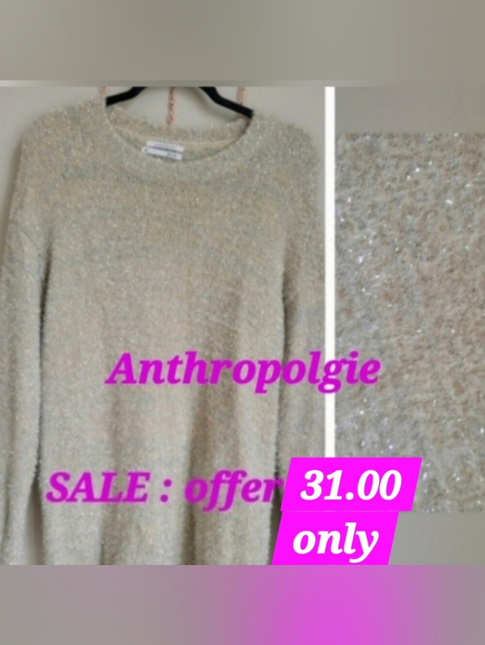 Anthropolgie grey,beige tinsel sparkle sweater size xxs tunic,relaxed,oversized
